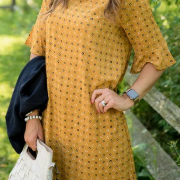 Mustard Printed Flutter Sleeve Shift Dress- Medium - Picture 2 of 12